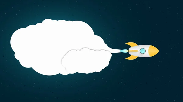 Желтая мультяшная ракета летит в космосе. Космическая концепция Белое облако дыма. Пустой баннер для твоего сообщения. Звездное небо с падающими звездами. Векторная иллюстрация — стоковый вектор