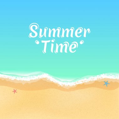 Üstten Görünüm bir çizgi film deniz Beach. Yaz saati, beyaz metin su. Deniz yıldızı kum üzerinde. Deniz gelgit, dalgalar deniz