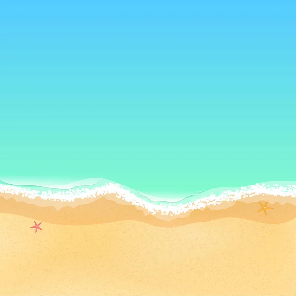 Blick von oben auf einen Cartoon-Strand am Meer. Seestern im Sand. Gezeiten, Wellen. Platz für Ihr Projekt — Stockvektor