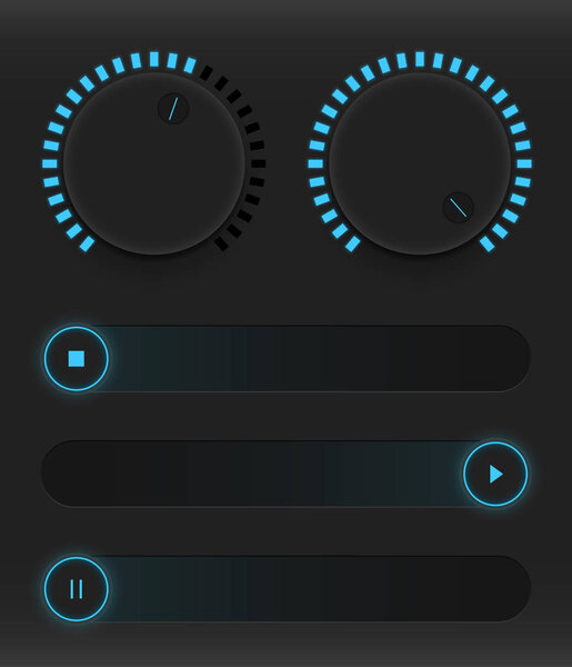 Set of buttons and sliders. Luminous, neon control user interface. Sound management. Blue sliders turn on, off and pause