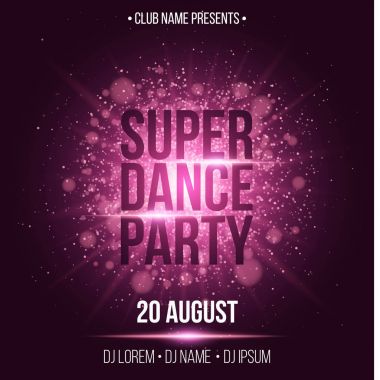 Süper dans partisi. Lüks davetiye. Mor flash ile mor toz. Gece parti. Dj ve kulüp adınızı girin. Projeniz için poster. Mor parlama bokeh