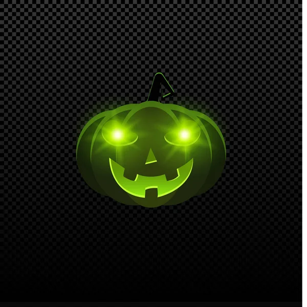 Rajzfilm gonosz Halloween tök, zöld színű, fénylő szemmel. Zöld szeme világít a sötétben. Elszigetelt átlátszó háttér. boldog halloweent — Stock Vector