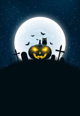 Cadılar Bayramı için şablon. Dehşet gece sahne. Haçlar, mezar ve kabak parlak sarı gözlü kavramı. Siyah baykuş. Dolunay. Dikey arka plan