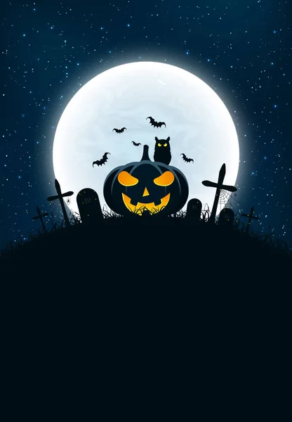 Plantilla para fiesta de Halloween. La escena nocturna de los horrores. El concepto de cruces, tumbas y calabaza brillante. El búho negro. Luna llena. Fondo vertical. Cartel del club — Archivo Imágenes Vectoriales