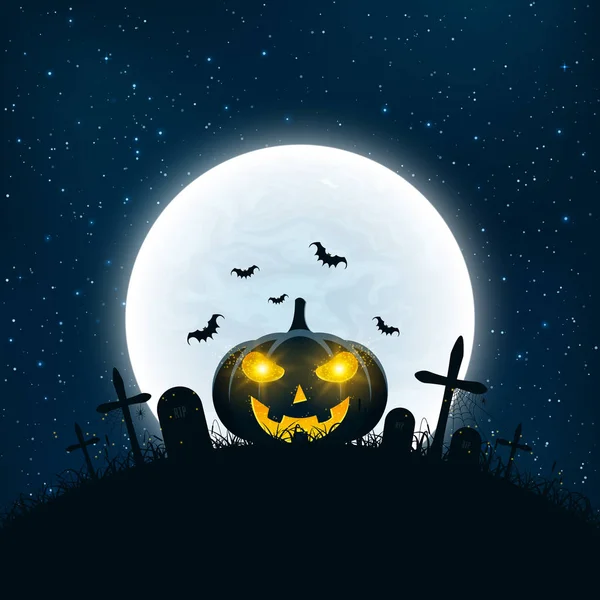 Template for Halloween party. The night scene of horrors. The concept of crosses, graves and a glowing pumpkin. Gold dust. Full moon. Vertical background. Club poster — Stock Vector