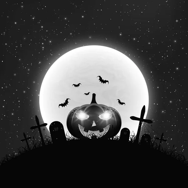 Fondo blanco y negro para Halloween en estilo retro. Calabaza de dibujos animados en el cementerio. Luna llena y cielo estrellado realista. Concepto espeluznante — Archivo Imágenes Vectoriales