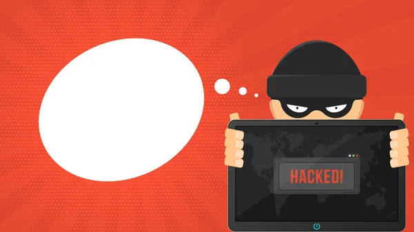 Kreslený hacker drží hacknutý tabletu na červeném pozadí. Systém okno upozornění a mapa země. Systém je napaden. Vektorové ilustrace — Stockový vektor