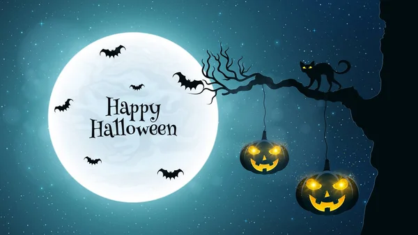 Background for Halloween. Black cat walks through the tree. Bats fly against the background of the full moon. Halloween pumpkins with glowing eyes. Black text. Vector — Stock Vector