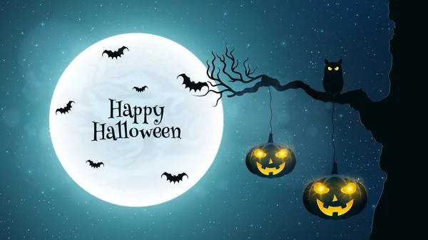 Background for Halloween. Black owl sits on a tree. Bats fly against the background of the full moon. Halloween pumpkins with glowing eyes. Black text. Vector — Stock Vector