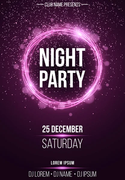 Background vertical poster for a night party. Shining purple banner with purple dust. Abstract purple lights. Festive poster. DJ and club name. Vector — Stock Vector