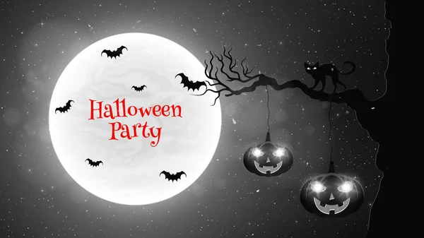 Black and white background for Halloween party. Black cat walks through the tree. Bats fly against the background of the full moon. Halloween pumpkins with glowing eyes. Black text. Vector — Stock Vector