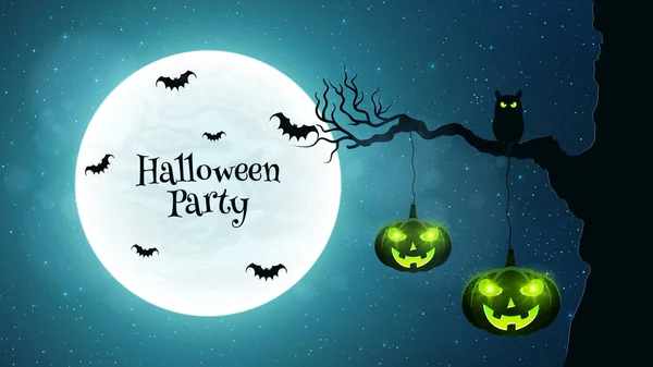 Background for Halloween party. Black cat walks through the tree. Bats fly against the background of the full moon. Halloween pumpkins with green glowing eyes. Black text. Vector — Stock Vector