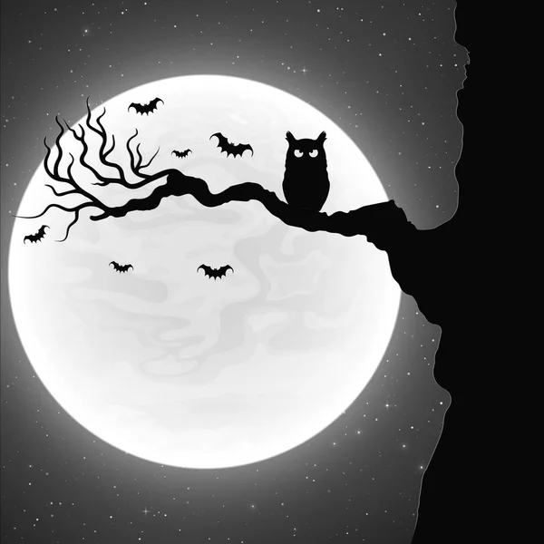 Black and white background for Halloween party. Black owl on the tree. Bats fly against the background of the full moon. Vector — Stock Vector