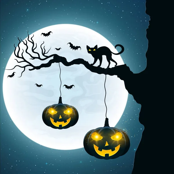 Background for Halloween. Black cat on the tree. Bats fly against the background of the full moon. Halloween pumpkins with glowing eyes. Vector — Stock Vector