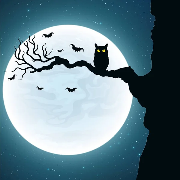 Hintergrund für Halloween. schwarze Eule auf dem Baum. Fledermäuse fliegen vor dem Hintergrund des Vollmondes. Vektor — Stockvektor