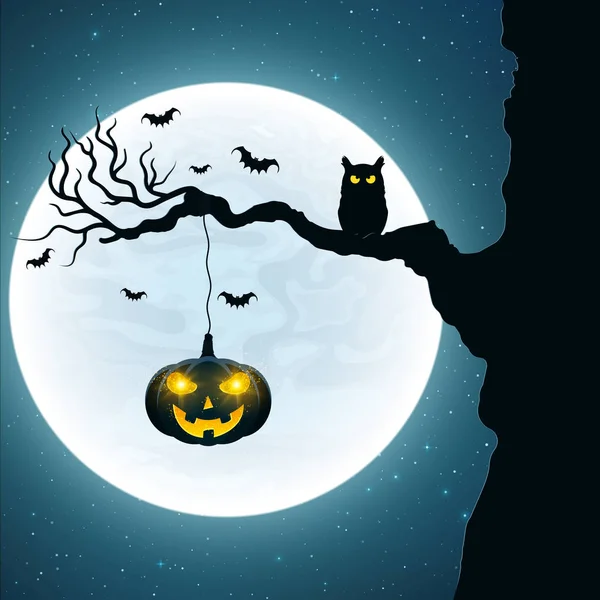 Background for Halloween. Black owl on the tree. Pumpkin with glowing yellow eyes. Bats fly against the background of the full moon. Vector — Stock Vector