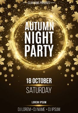 Arka plan, sonbahar gece parti için poster. Altın afiş altın tozu ile parlayan. Soyut sarı ışıklar. Mevsimlik poster. DJ ve kulüp adı. Vektör