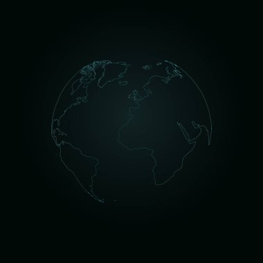 Dünya gezegeni koyu mavi parlar. Neon çizgili. Dünya'nın kıta. Asya, Avrupa, Amerika. Vektör