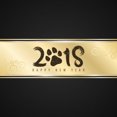 Köpek 2018 yıl yazıt ile bir ızgara şeklinde bir desen ile karanlık bir arka plan afiş altın şerit. Gerçekçi altın şerit. Köpek iz yok. Grunge tarzı. Vektör