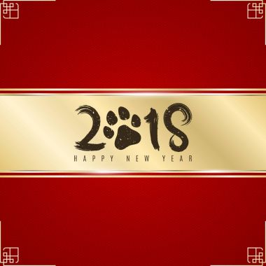 Golden ribbon banner on a red background with a pattern of oblique lines with a dark inscription 2018 dog. Gold frame. Realistic gold strip. Dog trace. Grunge style. Vector clipart