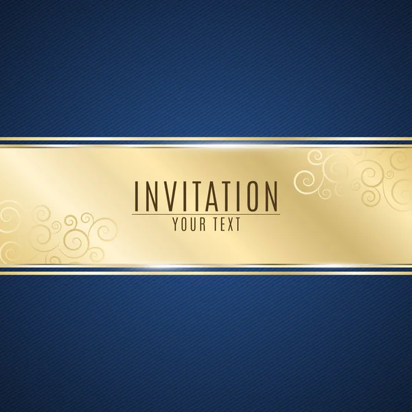Luxurious invitation. Golden ribbon banner on a blue background with a pattern of oblique lines. Realistic gold strip with an inscription. Gold lace. VIP invitation. Vector — Stock Vector