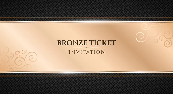 Billet de bronze. Une invitation luxueuse. Ruban de bronze bannière sur un fond noir avec un motif de maille. Bande de bronze réaliste avec une inscription. Invitation VIP. Vecteur — Image vectorielle