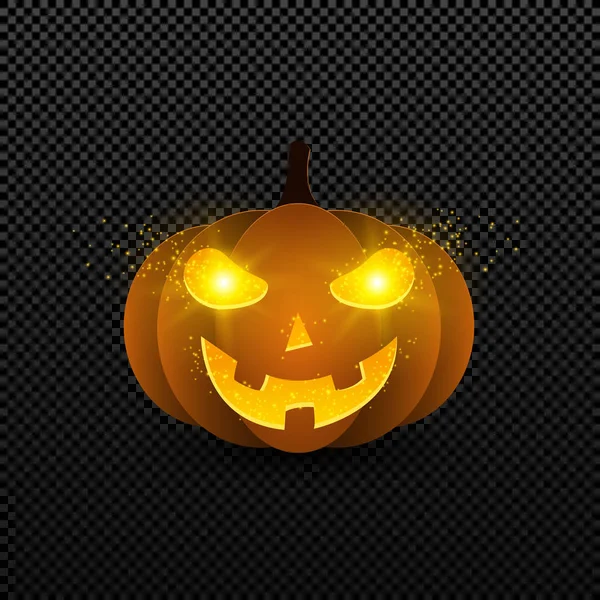 Calabaza de Halloween de dibujos animados de color naranja con ojos brillantes. Los ojos amarillos brillan en la oscuridad. Aislado sobre un fondo transparente. Volando polvo resplandeciente. Vector — Vector de stock