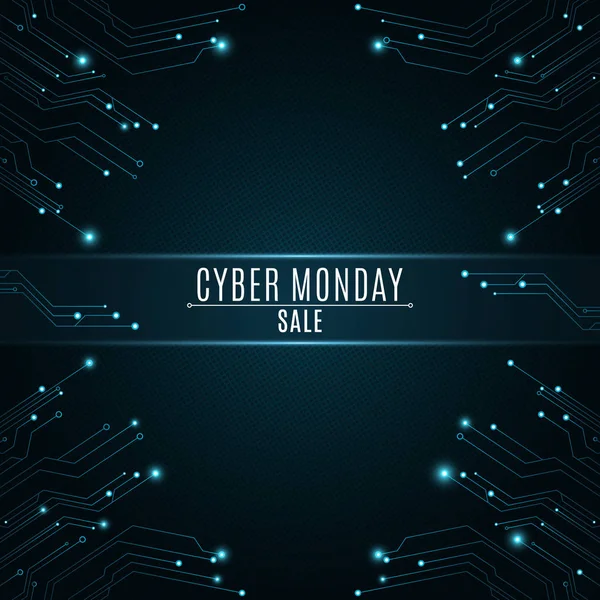 Yüksek teknolojili bir bilgisayar devre kartı cyber Satılık Pazartesi kökenli. Parlak mavi afiş. Büyük satış. Parlak neon mavi konektörler. Vektör