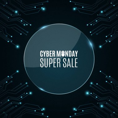 Cam afiş yuvarlak. Yüksek teknolojili bir bilgisayar devre kartı cyber Satılık Pazartesi kökenli. Parlak mavi afiş. Büyük satış. Parlak neon mavi konektörler. Vektör