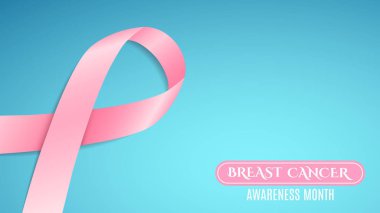 Meme Kanseri Bilinçlendirme pembe kurdele. Beyaz metin. Açık mavi yatay renkli. Kanserle mücadele. Vektör