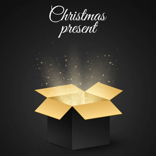 Boże Narodzenie złote pudełko z tajnych prezent na święta. Streszczenie blask i Złotego światła. Ciemne tło. Otwórz magiczne pudełko. Wektor — Wektor stockowy