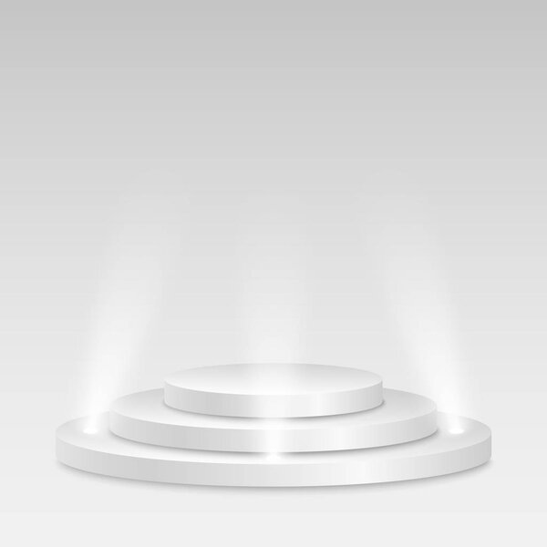 White podium with spotlights. The winner is in first place. Bright white light from searchlights. Light pedestal. Festive event. Vector