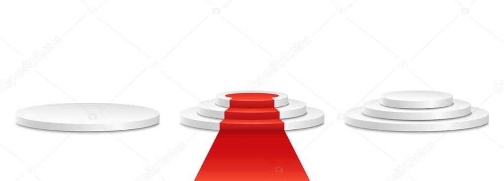 White podium with a red carpet. The winner is in first place. Bright white light from searchlights. Light pedestal. Festive event. Vector