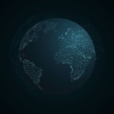 Soyut seyyare yerküre. Mavi kare noktalarından earth harita. Koyu zemin. Mavi parlaklık. Yüksek teknik küresel ağ bağlantısı, uluslararası anlamına gelir. Vektör