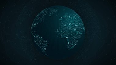 Soyut seyyare yerküre. Mavi kare noktalarından earth harita. Koyu arka plan. Mavi parlaklık. Yüksek teknik Dünya Haritası. Genel ağ bağlantısı, uluslararası anlamına gelir. Vektör