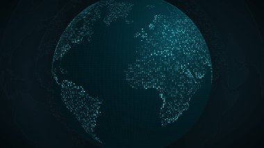 Soyut seyyare yerküre. Mavi kare noktalarından earth harita. Koyu arka plan. Mavi parlaklık. Yüksek teknik Dünya Haritası. Genel ağ bağlantısı. Vektör