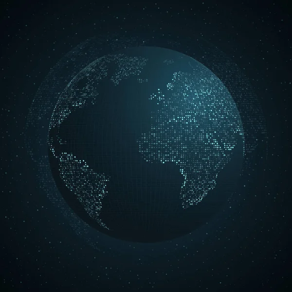 Soyut seyyare yerküre. Mavi kare noktalarından earth harita. Koyu arka plan. Mavi parlaklık. Modern teknik Dünya Haritası. Genel ağ bağlantısı, uluslararası anlamına gelir. Vektör