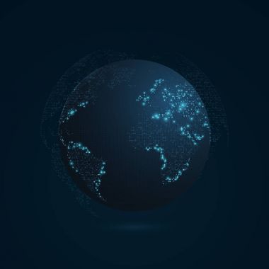 Koyu mavi arka plan soyut gezegende. Dünya. Dünya Haritası. Mavi ışık. Bilim-kurgu ve yüksek teknoloji. vurgulanan şehirler. Puan Haritası. Dünya nüfusu. Dünya ağı. Vektör