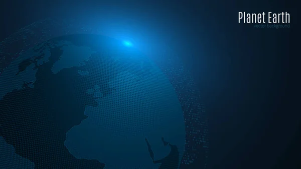 Planète abstraite sur fond bleu foncé. La Terre. Carte du monde. Lumière bleue. Science-fiction et hi-tech. La population mondiale. Réseau mondial. Vecteur — Image vectorielle
