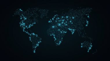 Soyut Dünya Haritası. Mavi kare noktalarından earth harita. Koyu mavi arka plan. Mavi ışıklar. Yüksek teknik bilim kurgu teknolojisi. Büyük şehirler. Genel ağ. Vektör