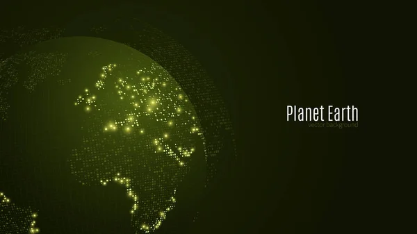 Planeta abstrato sobre um fundo verde escuro. Terra. Mapa do mundo. Luz verde. Ficha científica e alta tecnologia. Cidades grandes. Mapa de pontos. A população mundial. Rede Mundial. Vetor —  Vetores de Stock