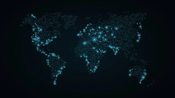 Soyut Dünya Haritası. Mavi kare noktalarından earth harita. Koyu mavi arka plan. Mavi ışıklar. Yüksek teknik bilim kurgu teknolojisi. Büyük şehirler. Genel ağ. Vektör — Stok Vektör