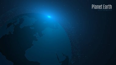 Koyu mavi arka plan soyut gezegende. Dünya. Dünya Haritası. Yıldızlı gökyüzü. Mavi ışık. Bilim-kurgu ve yüksek teknoloji. Dünya nüfusu. Genel ağ. Vektör