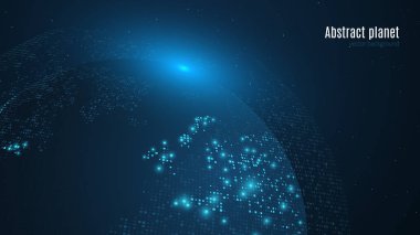 Koyu mavi arka plan soyut gezegende. Dünya. Dünya Haritası. Mavi ışık. Bilim-kurgu ve yüksek teknoloji. büyük şehirler. Kare noktaları Haritası. Yıldızlı gökyüzü. Genel ağ. Vektör
