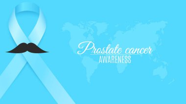 Prostate cancer ribbon awareness. Fighting cancer. Light blue ribbon with a man's mustache. World map. The month of November. Vector