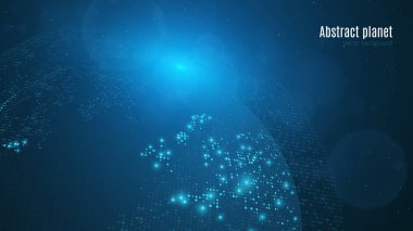Koyu mavi arka plan soyut gezegende. Dünya. Dünya Haritası. Mavi ışık. Sci-Fi teknik büyük şehirler. Kare noktaları Haritası. Yıldızlı gökyüzü. Genel ağ. Vektör