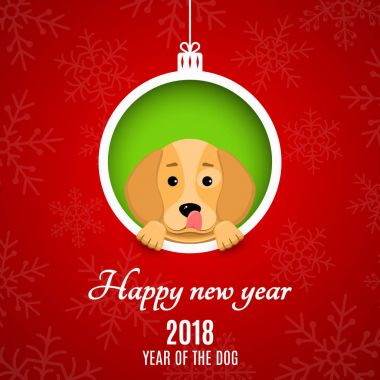 2018 yıl köpek. Kağıt kupürleri. Reklam afişi. Noel Top kağıt gibi. Karikatür köpek delikten iletiye göz atar. Beyaz metin. Kırmızı bir arka plan üzerinde kar taneleri. Vektör