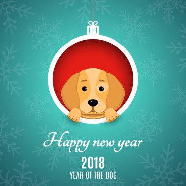 2018 yıl köpek. Kağıt kupürleri. Reklam afişi. Noel Top kağıt gibi. Bir karikatür köpek delikten iletiye göz atar. Beyaz metin. Mavi bir arka plan üzerinde kar taneleri. Vektör
