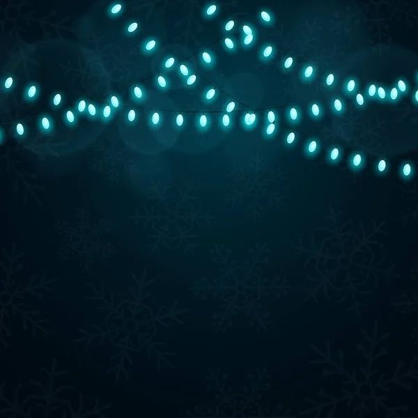 Weihnachtsblaulicht auf dunklem Hintergrund. Schneeflocken auf dem Hintergrund. Feierlicher Hintergrund. blaue Girlanden. leuchtende ovale Glühbirnen. Vektor — Stockvektor