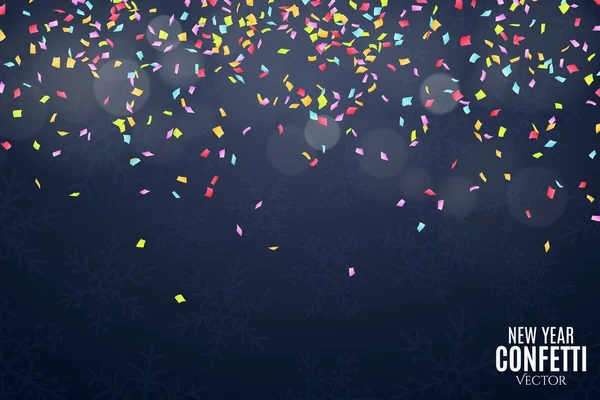 Wiele objętych wielobarwny konfetti na ciemnym niebieskim tle. Tło uroczysty urodziny. Nowy rok i płatki śniegu. Olśnienie bokeh. Miejsce dla Twojego projektu. Wektor — Wektor stockowy